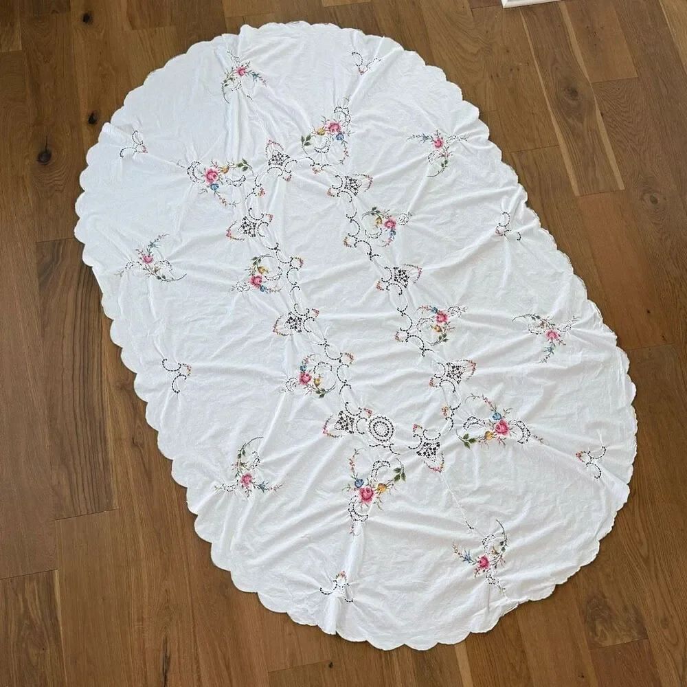 Vintage Embroidered Cross Stitch White Floral Battenberg Lace Oval Tablecloth 93